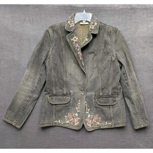Apostrophe Embroidered Gray Denim Blazer Jacket Floral Romantic Cotton Size 14